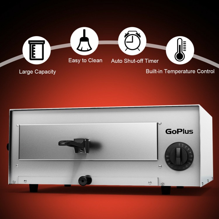 Stainless steel commercial pizza oven with built-in temperature control and easy-set timer for baking up to 12" pizzas.