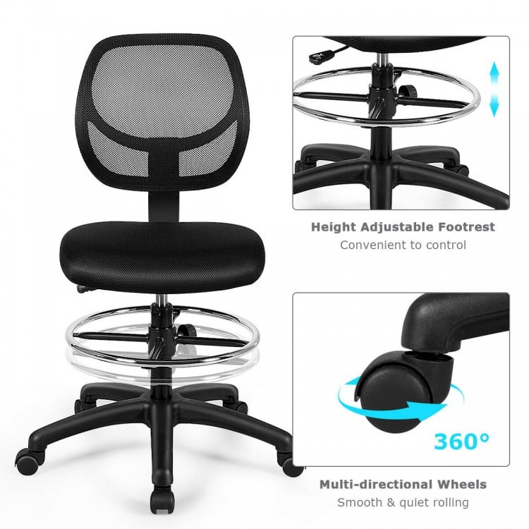 Adjustable height mid back mesh drafting office chair with ergonomic lumbar support and 360-degree swivel for comfort.