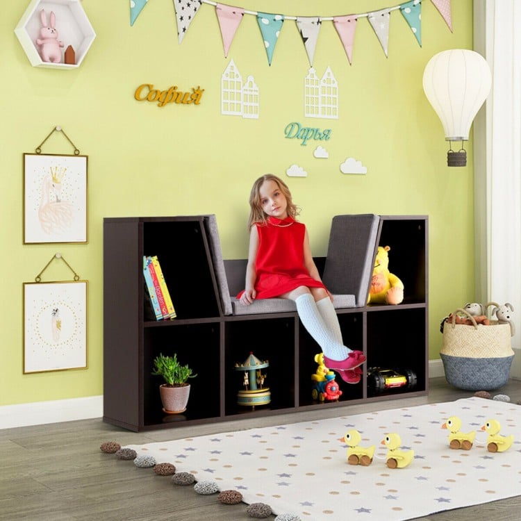 Kid storage bookcase with cushioned reading nook in brown, perfect for organizing toys and books in a stylish way.