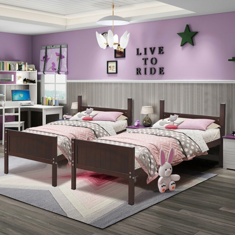 Twin size wooden bunk beds in brown, featuring safety guardrails and a compact design, perfect for children's rooms.