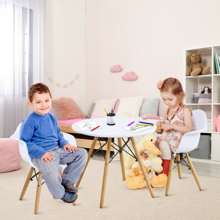 Kids' modern round table and chair set with wood legs, ergonomic design, perfect for play and creativity.