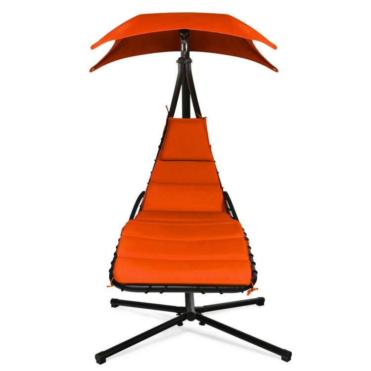 Orange hanging chaise lounger swing chair with adjustable canopy, soft cushion, and sturdy stainless steel frame for.