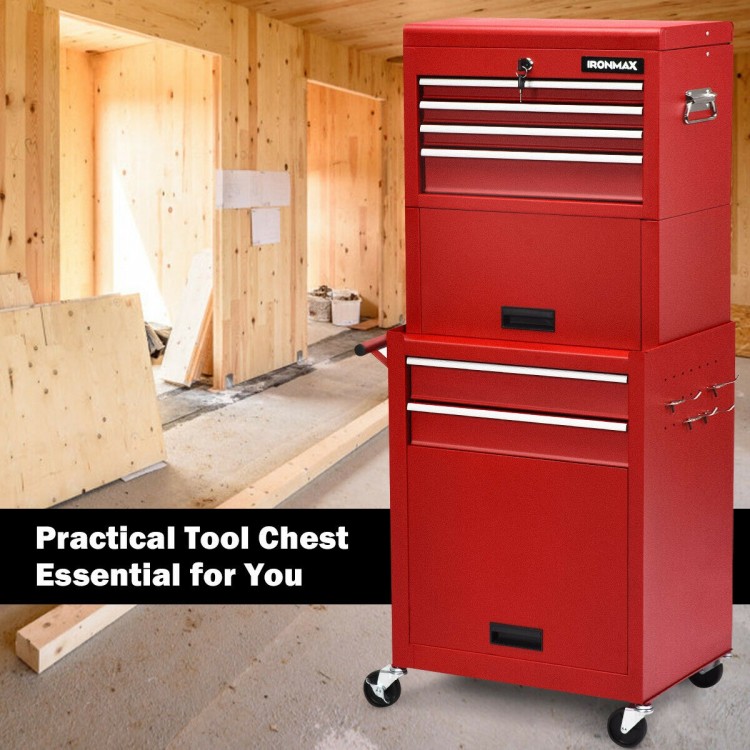 Red 6-drawer tool chest with heightening cabinet, featuring protective liners and a sturdy cold-rolled steel.