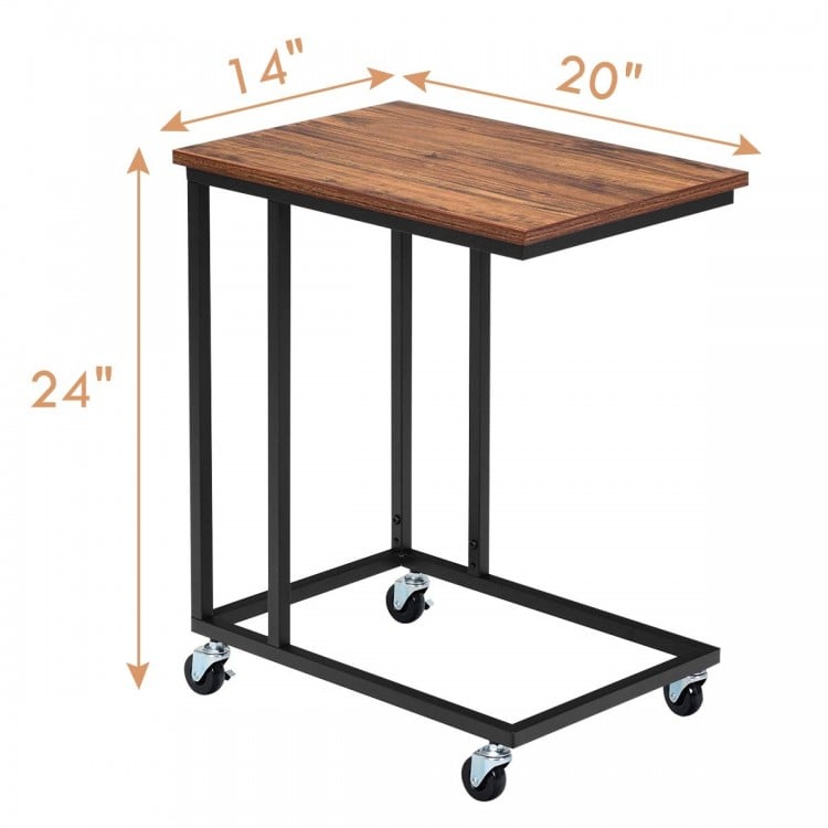 U-shaped mobile side table in brown with a sturdy metal frame and four rubber casters, ideal for use beside a sofa or.