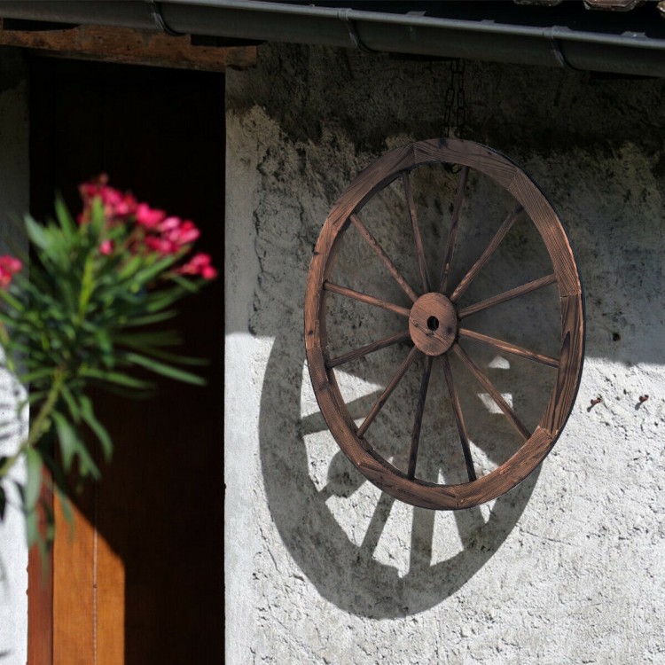 Decorative vintage wood wagon wheel made of Chinese fir, featuring a retro style, ideal for backyards or studios.