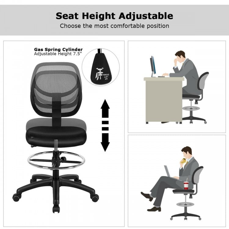 Close-up of adjustable height mid back mesh drafting office chair showcasing breathable mesh surface and chrome.