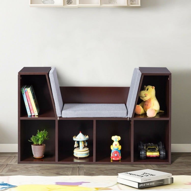 Cushioned reading nook with 6 cubbies in brown, ideal for storing books and toys, perfect for kids' spaces.