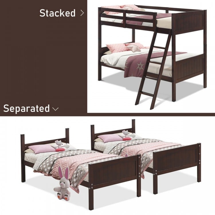Twin size wooden bunk beds in brown, convertible to two individual beds, featuring safety guardrails and a sturdy.