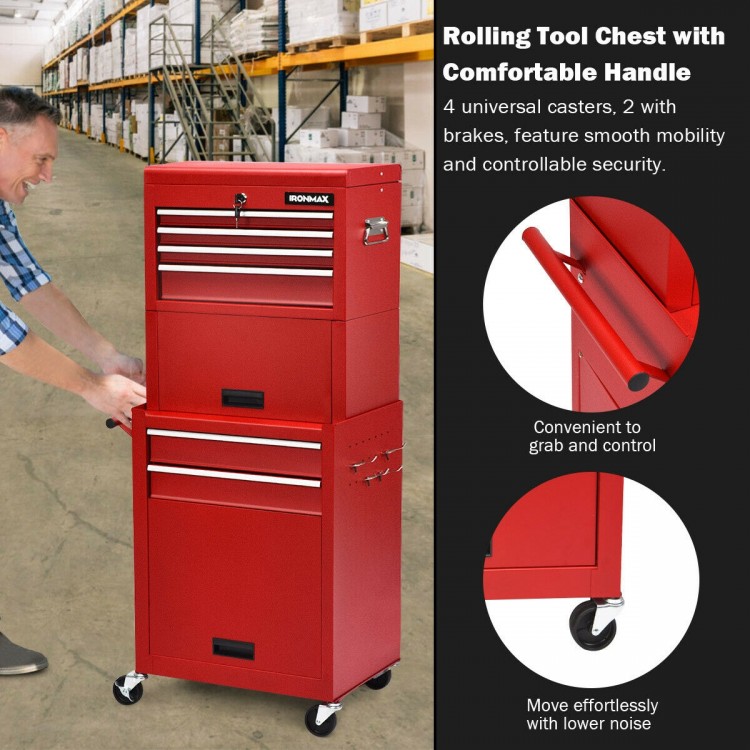 6-drawer red tool chest with heightening cabinet, featuring smooth-rolling casters for easy mobility and secure storage.