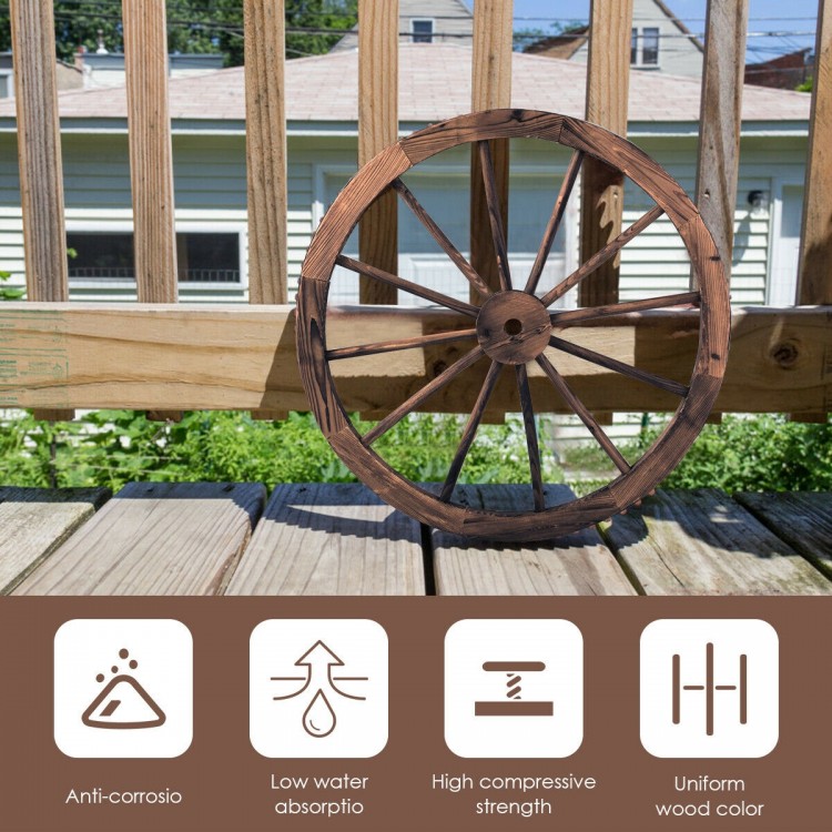30-inch decorative vintage wood wagon wheel showcasing its clear grain texture and carbonized finish, perfect for.