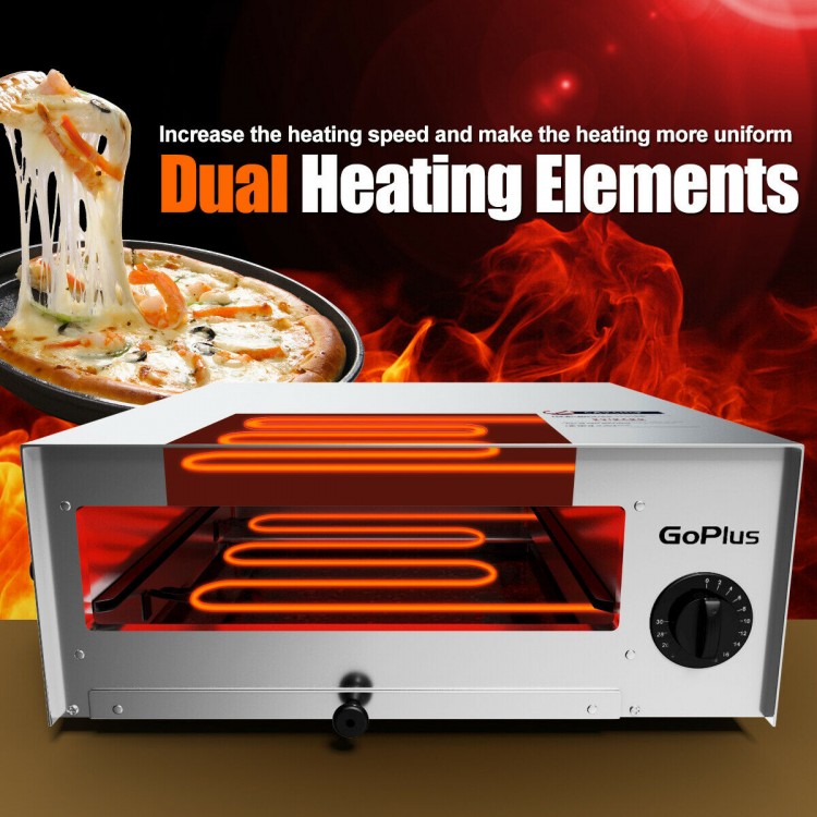 Stainless steel commercial pizza oven with dual heating elements and a removable crumb tray for easy cleaning.