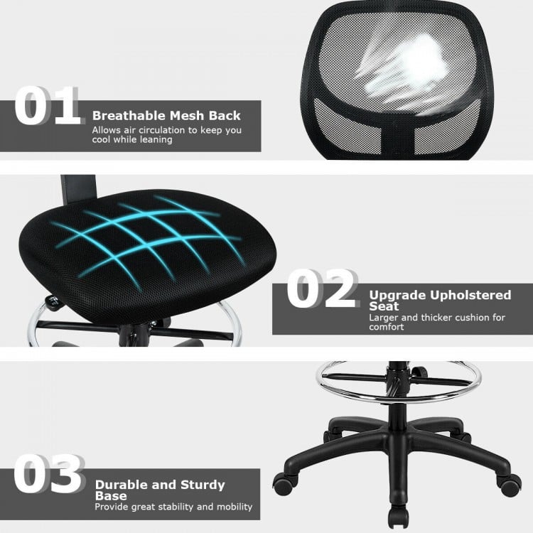 Adjustable height mid back mesh drafting office chair with breathable mesh back and ergonomic lumbar support for.