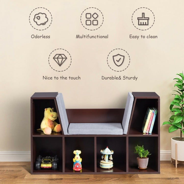 6-cubby kid storage bookcase in brown with cushioned reading nook, perfect for organizing toys and books.
