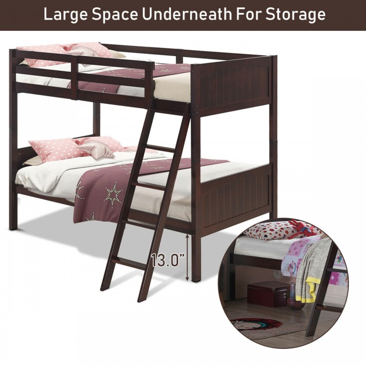 Twin size wooden bunk beds in brown with safety guardrails and ample under-bed storage for children's rooms.