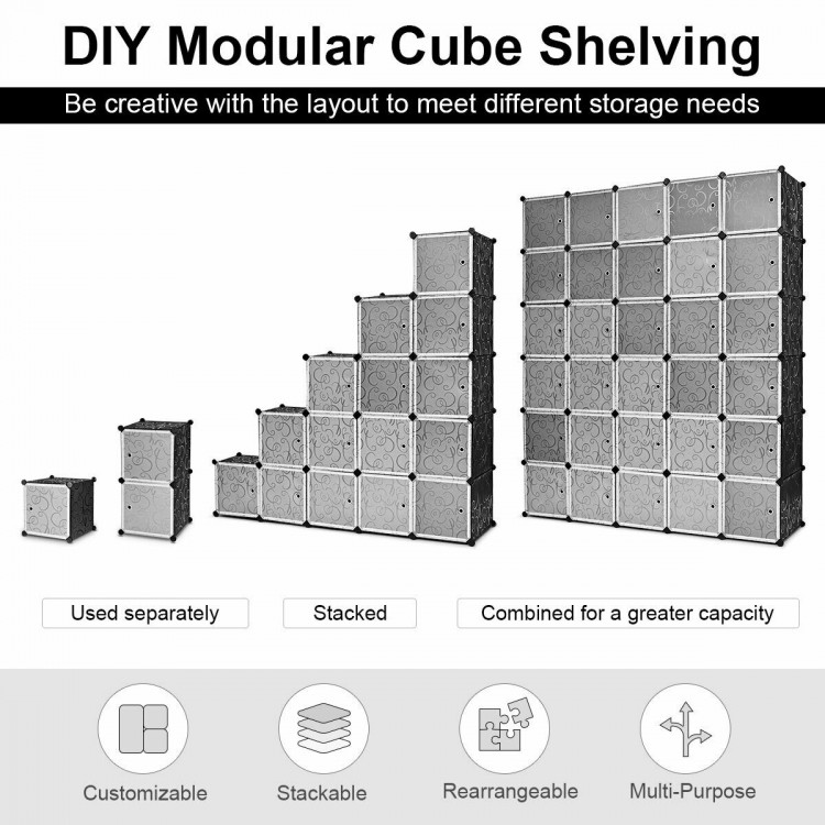 Modular cube shelving unit with 30 waterproof and dustproof cubes, customizable for versatile storage solutions.