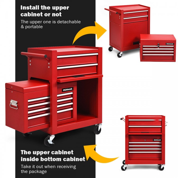 6-drawer red tool chest with detachable upper cabinet and smooth-rolling casters for convenient storage and mobility.