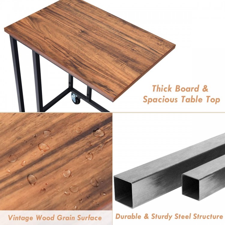 Brown side table with vintage wood grain surface, sturdy steel frame, and four rubber casters for easy mobility.