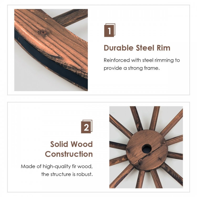 Close-up of the 30-inch decorative vintage wood wagon wheel with a durable steel rim and solid fir wood construction.