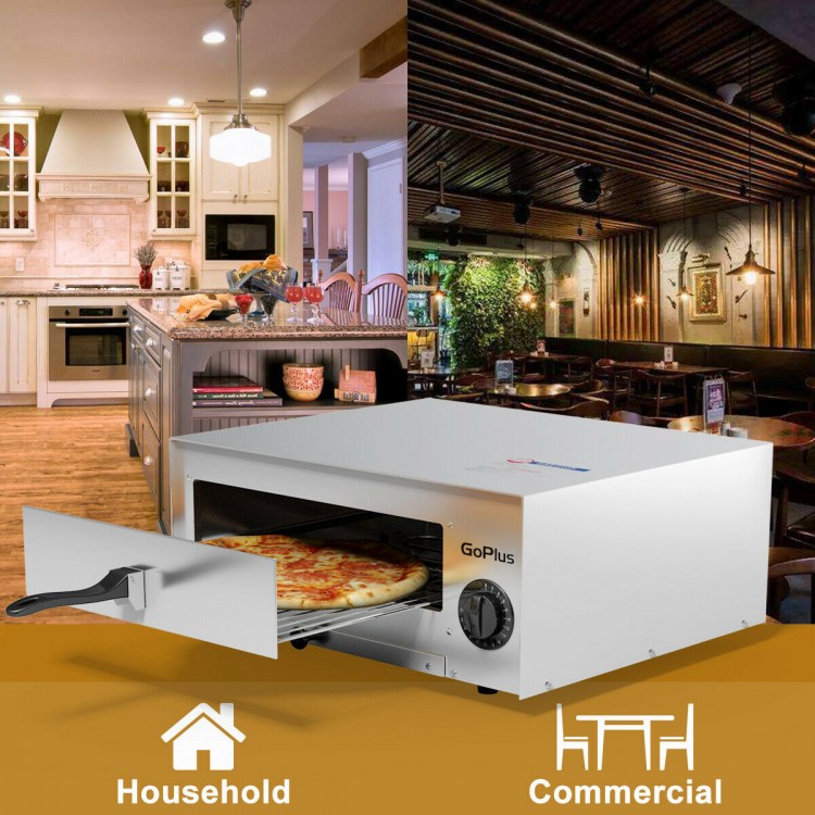 Stainless steel commercial pizza oven with a removable crumb tray and built-in temperature control for easy cooking.