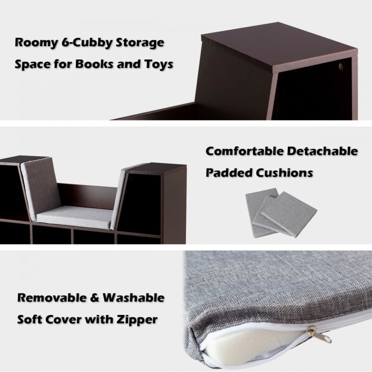6-cubby storage bookcase in brown with cushioned reading nook, perfect for organizing books and toys in kids' spaces.