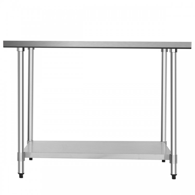 Stainless steel commercial kitchen worktable with adjustable shelf, 48" wide and 30" deep, ideal for versatile use.