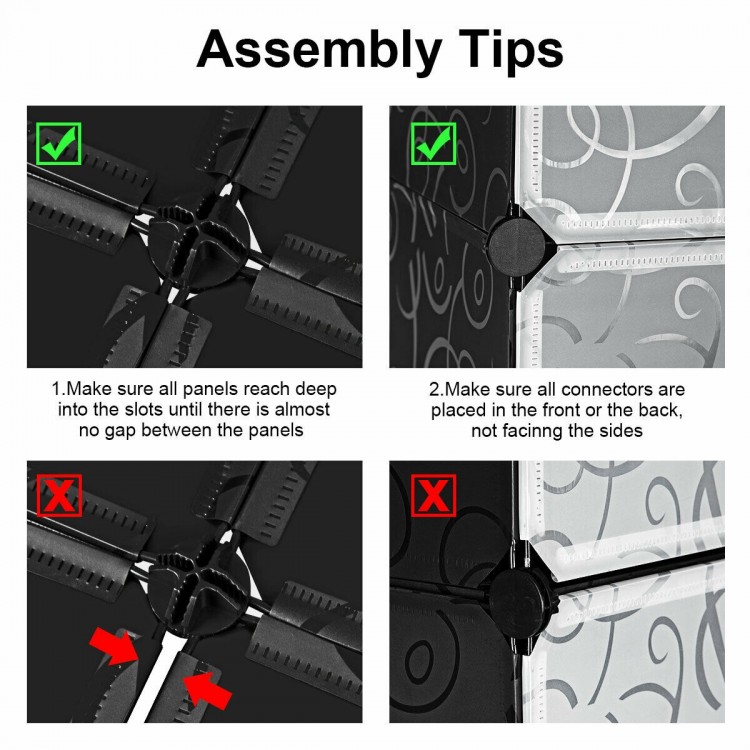 Assembly tips for the DIY 30 Cube Portable Closet, showcasing connector placement and panel alignment for optimal setup.