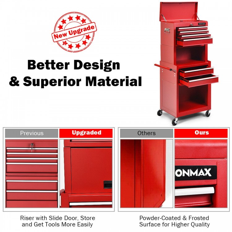 6-drawer red tool chest with heightening cabinet, featuring a powder-coated surface and smooth-rolling casters for easy.