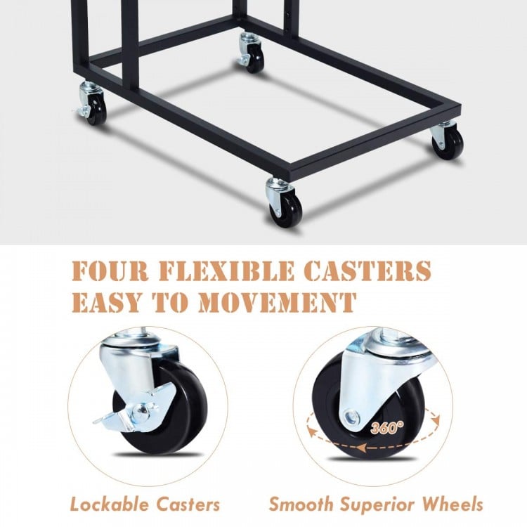 U-shaped mobile side table with brown finish, featuring four lockable rubber casters for easy movement beside sofa or.