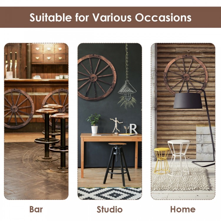 Decorative vintage wood wagon wheel made of Chinese fir, ideal for bars, studios, and home decor.
