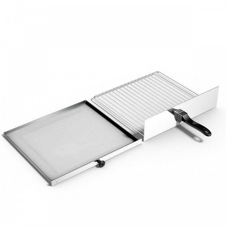 Stainless steel pizza oven with chrome wire baking rack, removable crumb tray, and cool touch handle for easy cooking.