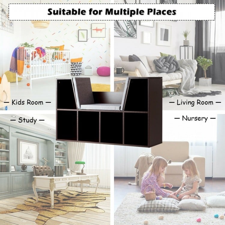 6-cubby kid storage bookcase in brown with cushioned reading nook, ideal for organizing toys and books in various rooms.
