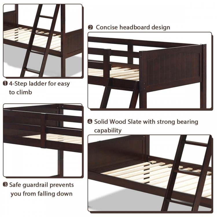 Twin size wooden bunk bed in brown with 4-step ladder, safety guardrails, and solid wood slats for durability and.