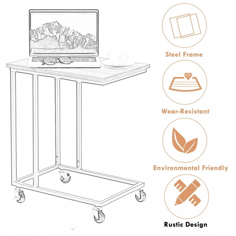 Rustic brown side table with steel frame and rubber casters, ideal for use beside bed or sofa for convenience.