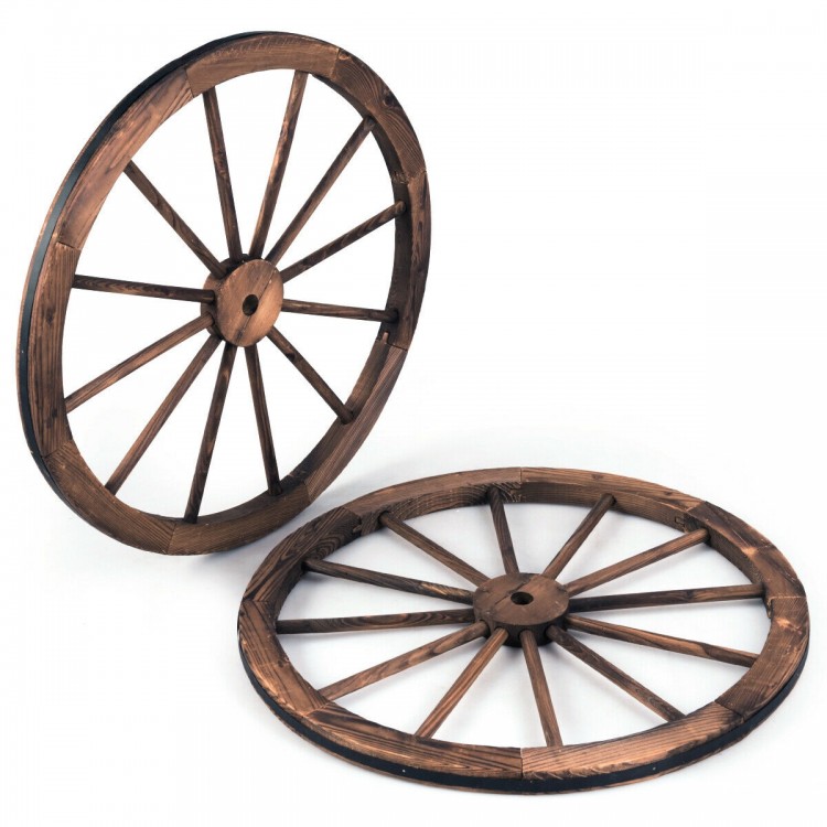 Set of 2 30-inch decorative vintage wood wagon wheels made of Chinese fir, ideal for backyard or studio decor.
