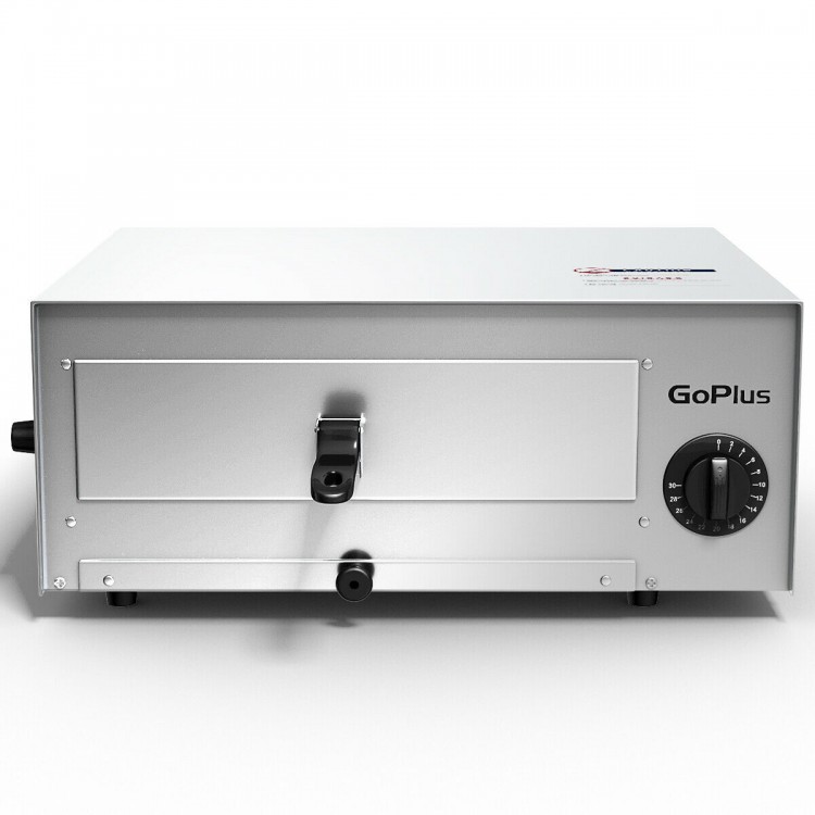 Stainless steel commercial pizza oven with temperature control, 30-minute timer, and removable crumb tray for easy.
