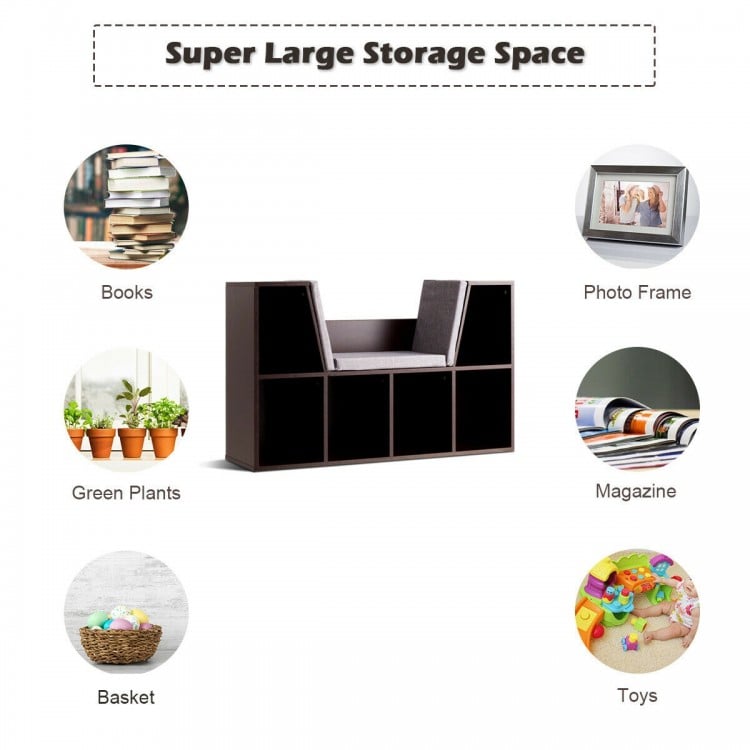 Brown kid storage bookcase featuring a cushioned reading nook, perfect for organizing magazines and photo frames in.