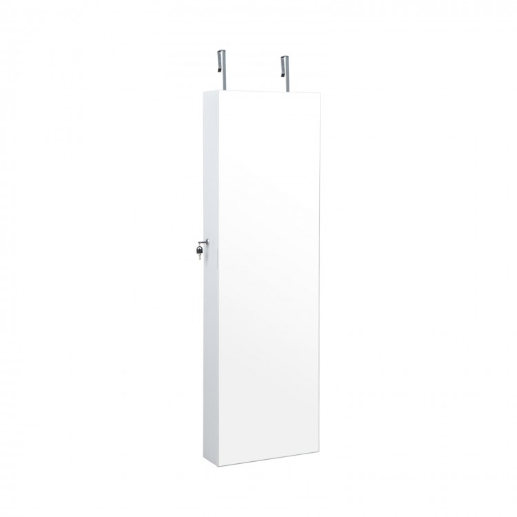 Wall-mounted jewelry cabinet in white with full-length mirror, lockable design, and 3-color LED lights for easy makeup.