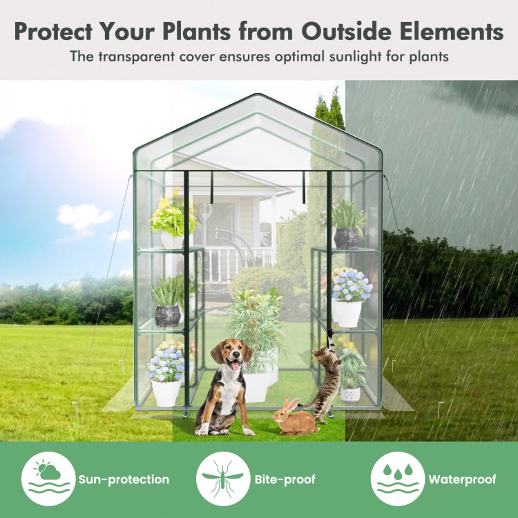 Walk-in greenhouse with 3 tiers and 8 shelves, featuring a PVC cover for sun protection and a roll-up zippered door.