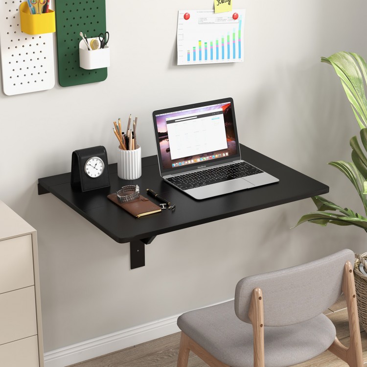 Wall-mounted drop-leaf table in sleek black, perfect as a computer or dining table, ideal for saving space in any room.