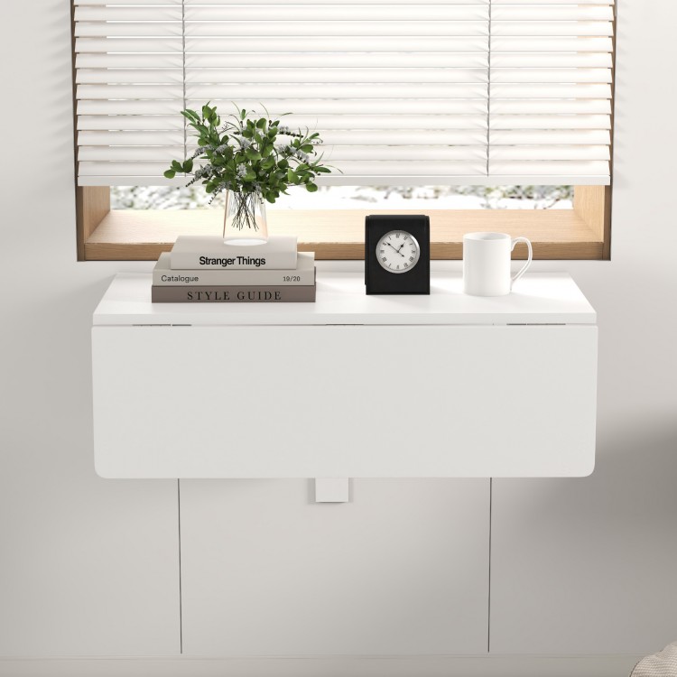 Wall-mounted drop-leaf table in sleek white finish, perfect for small spaces and multifunctional use in any room.