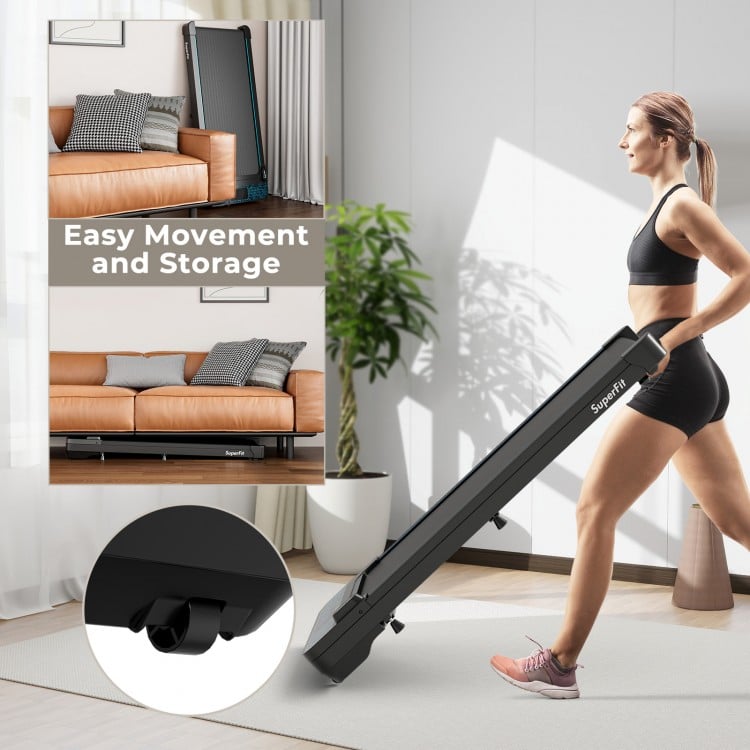 Walking pad in black with wheels for easy movement and storage, supporting up to 300 lbs for home workouts.