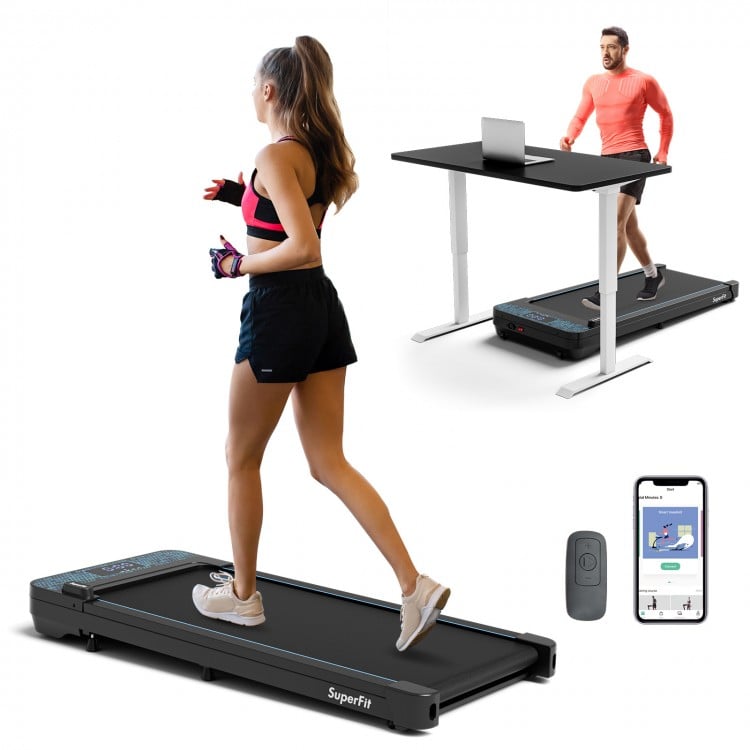 Walking pad in black with remote control, supporting 300 lbs, ideal for home workouts and jogging.