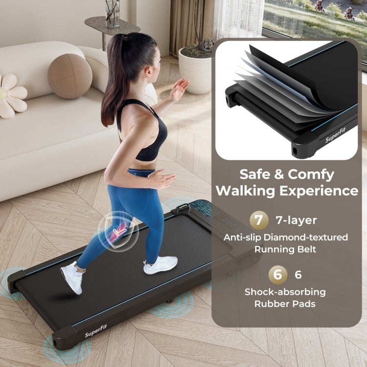Walking pad with anti-slip running belt and remote control, supporting 300 lbs for home workouts and easy storage.