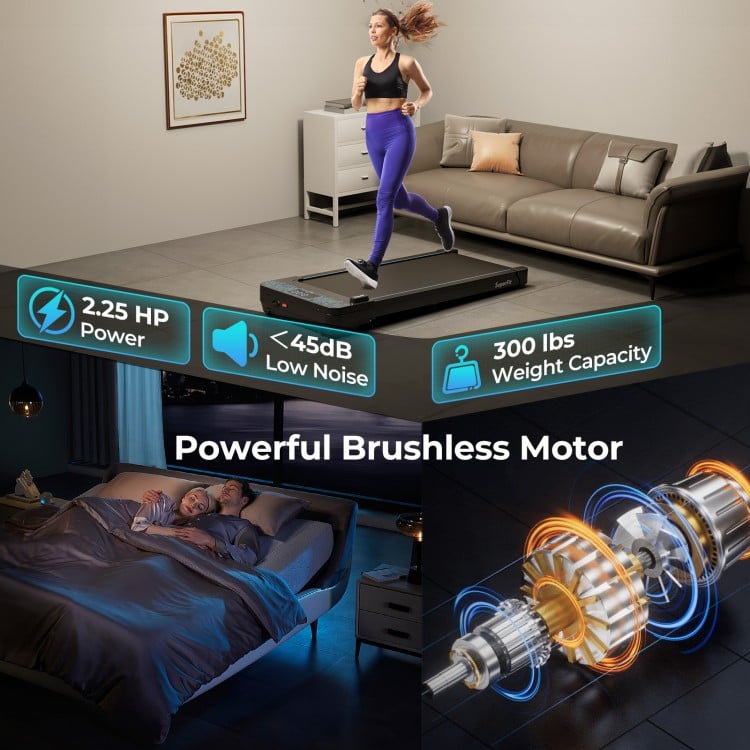 Walking pad with remote control, 300 lbs capacity, 2.25 HP motor, and low noise operation for home workouts.