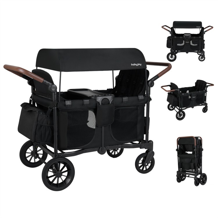 Wagon stroller for 4 kids in black with removable canopy, adjustable handles, and multiple storage pockets for.