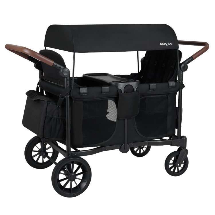 Foldable 4-seater black wagon stroller with adjustable handles, removable canopy, and storage pockets for kids' comfort.