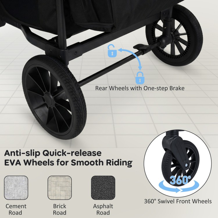 Wagon stroller for 4 kids featuring 360° swivel front wheels and anti-slip EVA wheels for smooth riding on various.