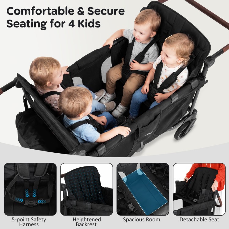 Wagon stroller for 4 kids in black with spacious seating, 5-point harnesses, and removable canopy for comfort and.