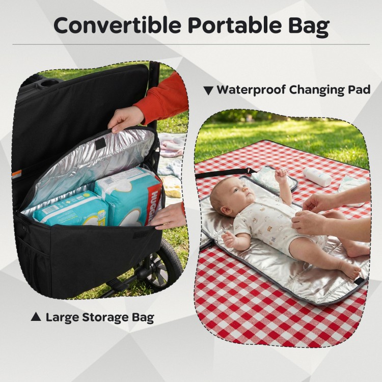 Convertible portable bag with waterproof changing pad and large storage for organizing essentials in a stroller.