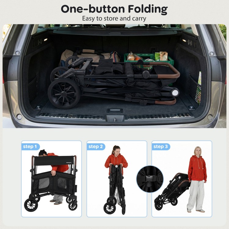 Foldable 4-seater wagon stroller in black, featuring one-button folding for easy storage and transport.